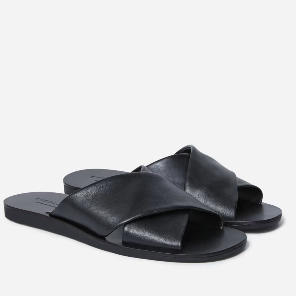 Everlane Black Leather Cross-Strap Slide Sandals